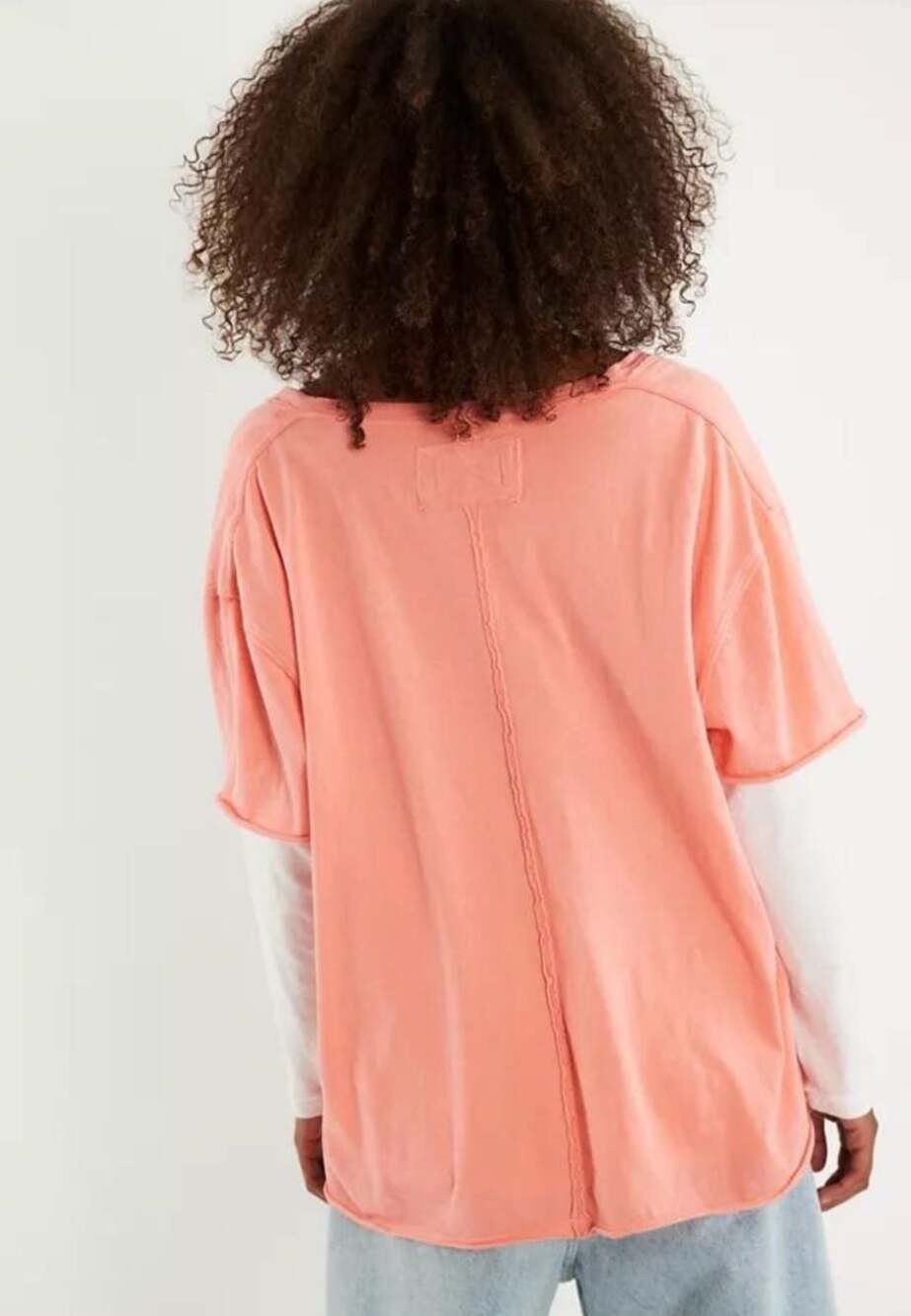 Free People We The Free Nina V-Neck Tee Coral Pink Oversized Raw Hem Size L
